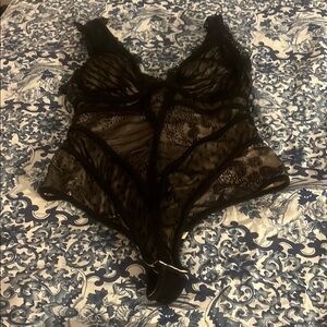 Bebe Black Lace Bodysuit with Plunging V-Neckline